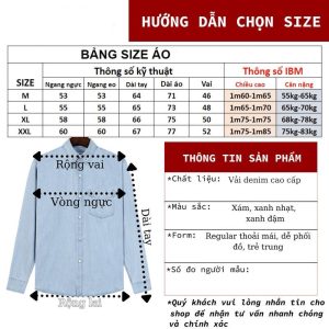 bảng size áo sơ mi jeans dài tay