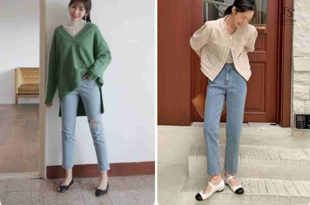 Quần vải phối với giày búp bê