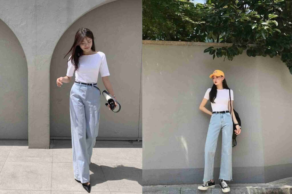 Áo thun trắng + quần jeans xanh + sneakers trắng