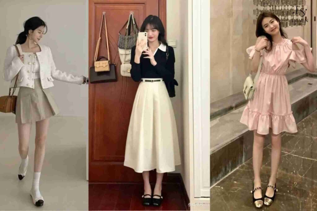 Sơ mi trắng + chân váy chữ A + giày búp bê