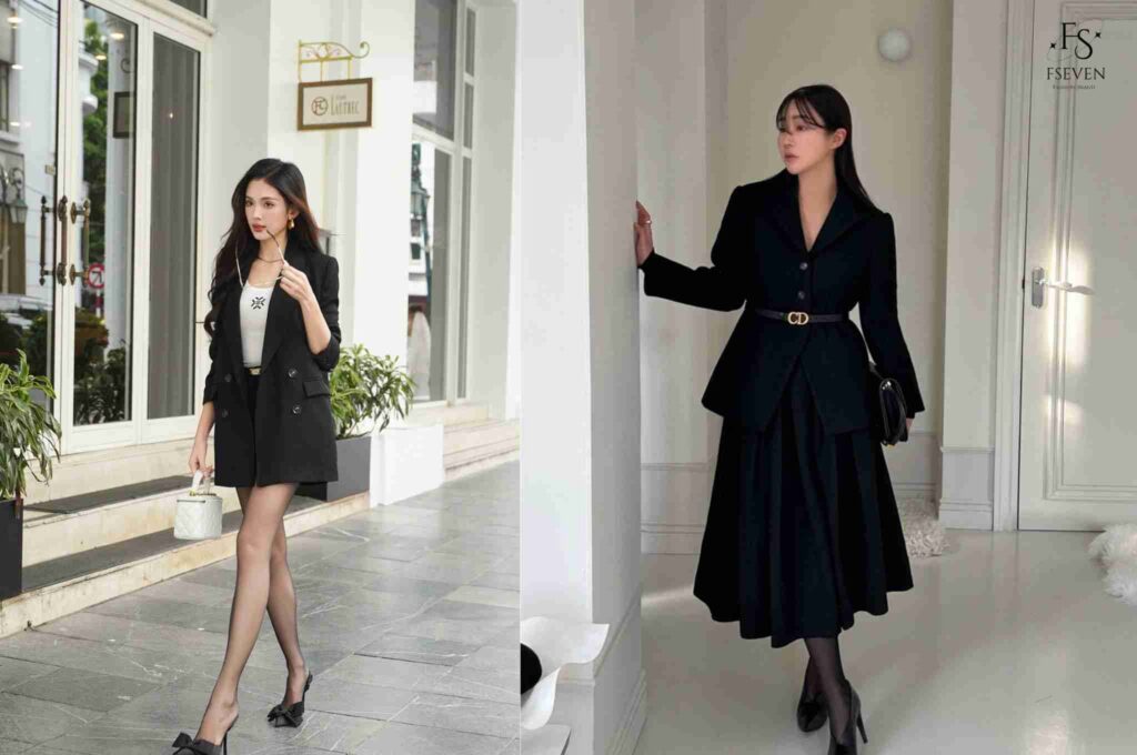 Váy suông đen + blazer be + giày cao gót