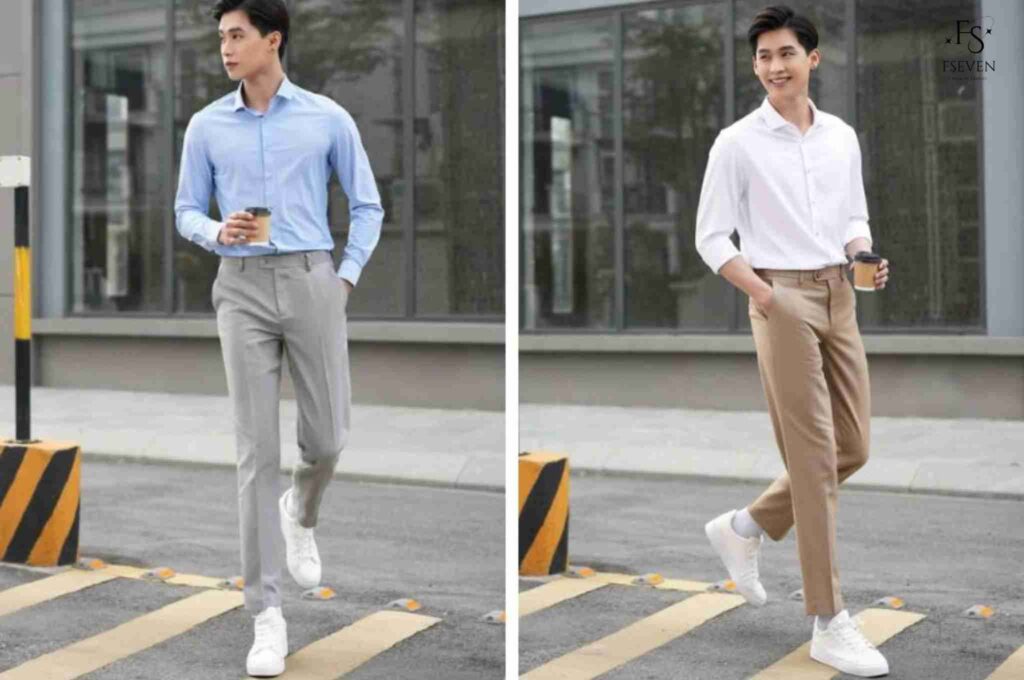 Sơ mi xanh nhạt + quần tây + giày da lười