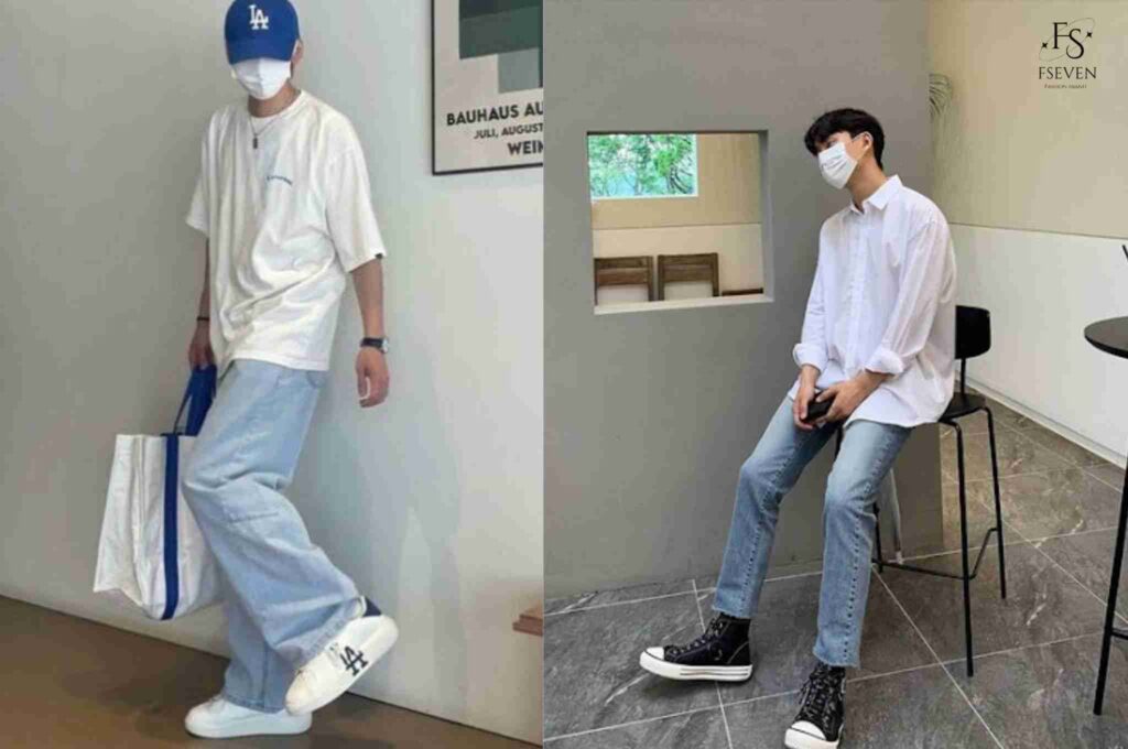 Phối đồ với quần jeans ống suông nam với áo somi và áo thun